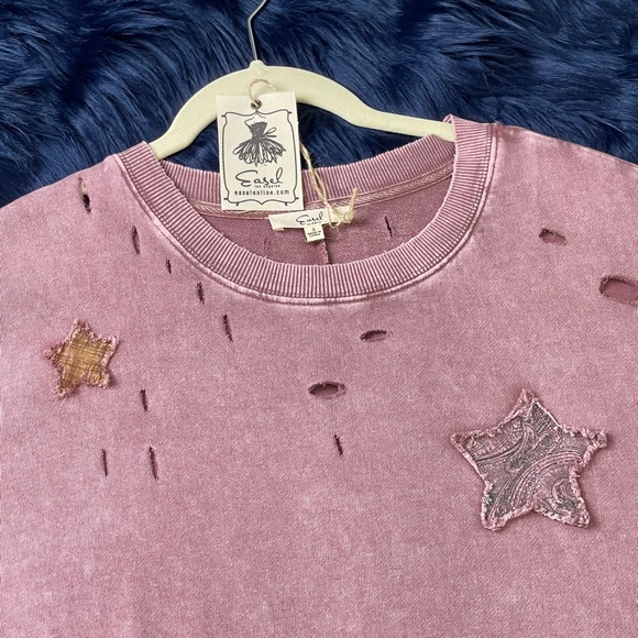 Easel Patchwork Mineral Wash Lightweight Knit Top - Picture 3 of 16